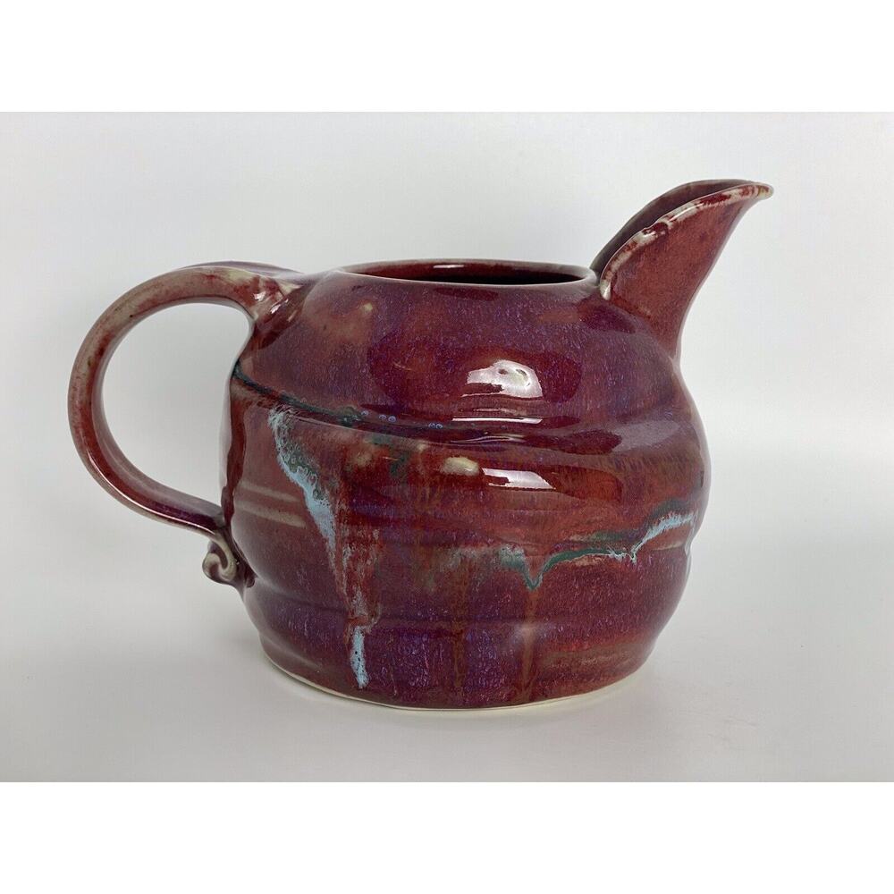 Studio Art pottery ‘98 signed by artist pourer/pitcher burgundy/multicolored